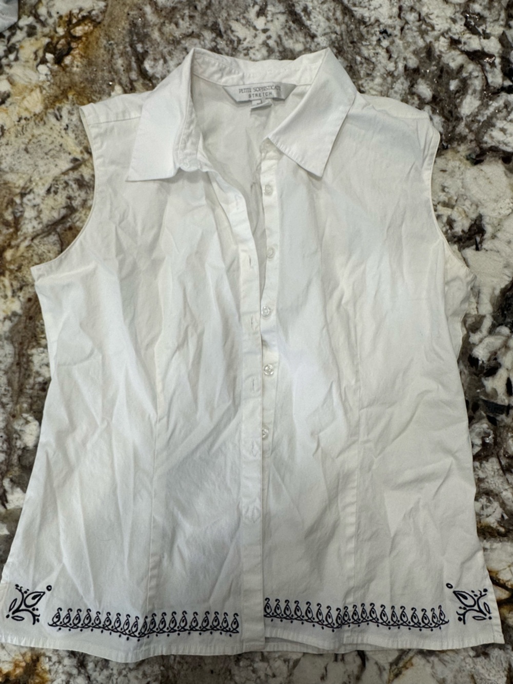 Petite Sophisticate White Sleeveless Button-Up Shirt with Navy Border Embroidery